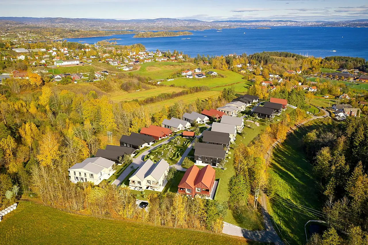 Oversiktsillustrasjon av Linlandkollen med tomannsboliger, høstskog og Oslofjorden i bakgrunnen